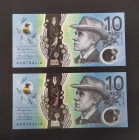 Australia, 10 Dollars, 2017, UNC, p63, (Total 2 banknotes)
Twin serial number, Polymer plastics banknote
Estimate: USD 30-60
