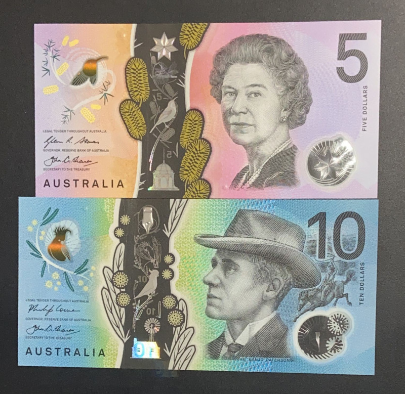 Australia, 5-10 Dollars, 2016/2017, UNC, p62; p63, (Total 2 banknotes)
Polymer ...