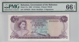 Bahamas, 1/2 Dollar, 1965, UNC, p17a
PMG 66 EPQ, Queen Elizabeth II. Potrait, Goverment of the Bahamas
Estimate: USD 125-250