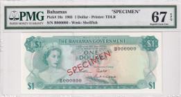 Bahamas, 1 Dollar, 1965, UNC, p18s, SPECIMEN
PMG 67 EPQ, Government of the Bahamas
Estimate: USD 450-900