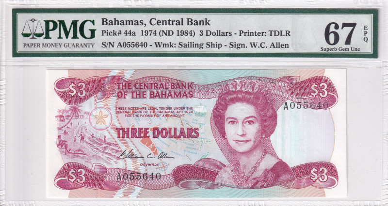 Bahamas, 3 Dollars, 1984, UNC, p44a
PMG 67 EPQ, High condition , Queen Elizabet...