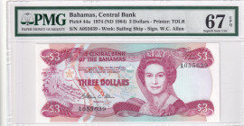 Bahamas, 3 Dollars, 1984, UNC, p44a
PMG 67 EPQ, High condition , Queen Elizabeth II. Potrait
Estimate: USD 30-60
