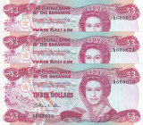 Bahamas, 3 Dollars, 1984, UNC, p44a, (Total 3 consecutive banknotes)
Queen Elizabeth II. Potrait, There is a support fracture.
Estimate: USD 20-40