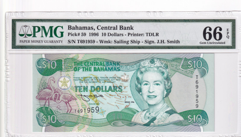 Bahamas, 10 Dollars, 1996, UNC, p59
PMG 66 EPQ, Queen Elizabeth II. Potrait
Es...