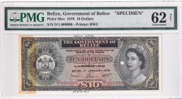 Belize, 10 Dollars, 1976, UNC, p36cs, SPECIMEN
PMG 62 NET, Queen Elizabeth II. Potrait
Estimate: USD 600-1200