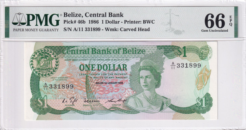 Belize, 1 Dollar, 1986, UNC, p46b
PMG 66 EPQ, Queen Elizabeth II. Potrait
Esti...