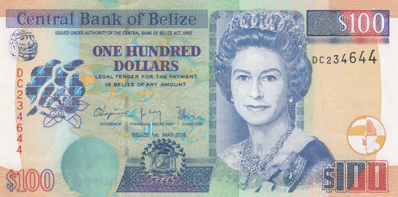 Belize, 100 Dollars, 2016, UNC, p71c
Queen Elizabeth II. Potrait
Estimate: USD...