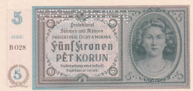 Bohemia and Moravia, 5 Kronen, 1940, UNC, p4s, SPECIMEN
There is a very small fracture in the upper left corner
Estimate: USD 30-60