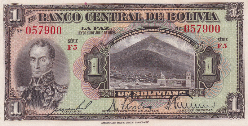 Bolivia, 1 Boliviano, 1928, UNC, p118a
Estimate: USD 25-50