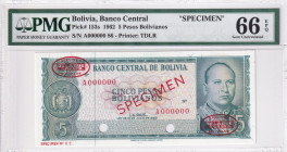 Bolivia, 5 Pesos, 1962, UNC, p153s, SPECIMEN
PMG 66 EPQ, Banco Central
Estimate: USD 150-300