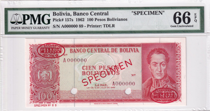 Bolivia, 100 Pesos Bolivianos, 1962, UNC, p127s, SPECIMEN
PMG 66 EPQ, Banco Cen...