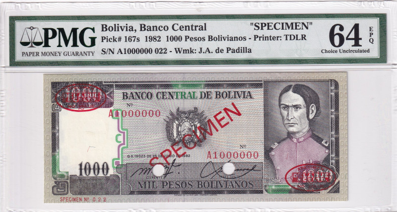 Bolivia, 1.000 Pesos Bolivianos, 1982, UNC, p167s, SPECIMEN
PMG 64 EPQ, Banco C...