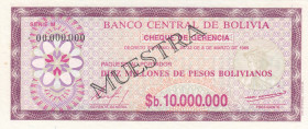 Bolivia, 10.000.000 Pesos Bolivianos, 1985, UNC, p194s, SPECIMEN
Estimate: USD 20-40