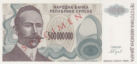 Bosnia - Herzegovina, 500.000.000 Dinara, 1993, UNC, p158, SPECIMEN
Estimate: USD 20-40