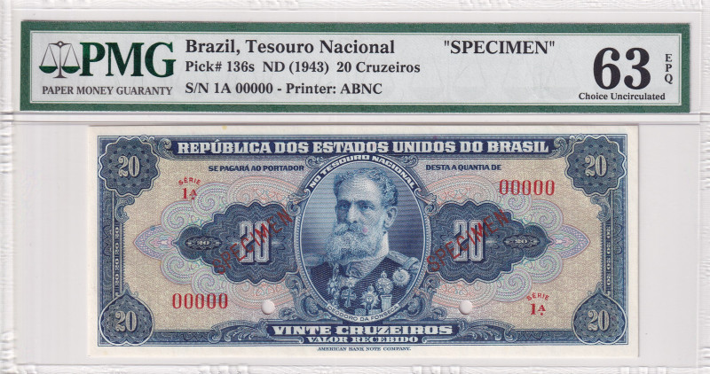 Brazil, 20 Cruzeiros, 1943, UNC, p136s, SPECIMEN
PMG 63 EPQ, Tesouro Nacional
...