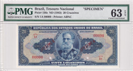 Brazil, 20 Cruzeiros, 1943, UNC, p136s, SPECIMEN
PMG 63 EPQ, Tesouro Nacional
Estimate: USD 350-700