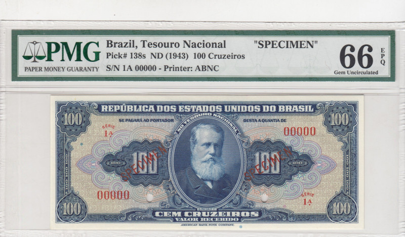 Brazil, 100 Cruzeiros, 1943, UNC, p138s, SPECIMEN
PMG 66 EPQ
Estimate: USD 200...