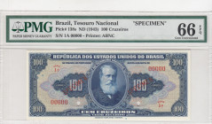 Brazil, 100 Cruzeiros, 1943, UNC, p138s, SPECIMEN
PMG 66 EPQ
Estimate: USD 200-400