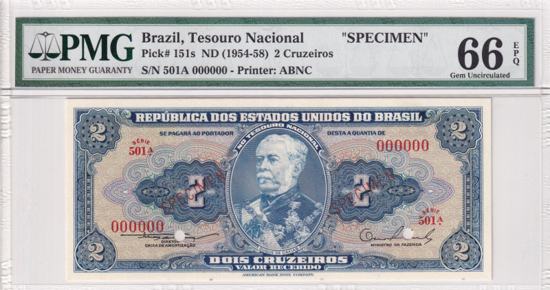 Brazil, 2 Cruzeiros, 1954/58, UNC, p151s, SPECIMEN
PMG 66 EPQ, Tesouro Nacional...