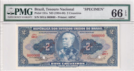 Brazil, 2 Cruzeiros, 1954/58, UNC, p151s, SPECIMEN
PMG 66 EPQ, Tesouro Nacional
Estimate: USD 400-800
