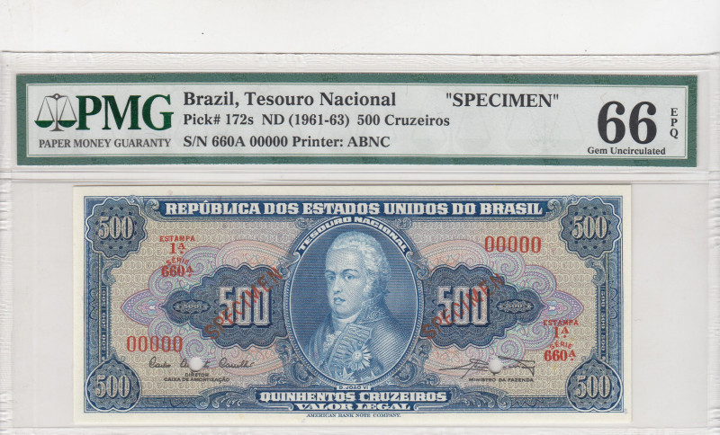 Brazil, 500 Cruzeiros, 1961/1963, UNC, p172s, SPECIMEN
PMG 66 EPQ
Estimate: US...