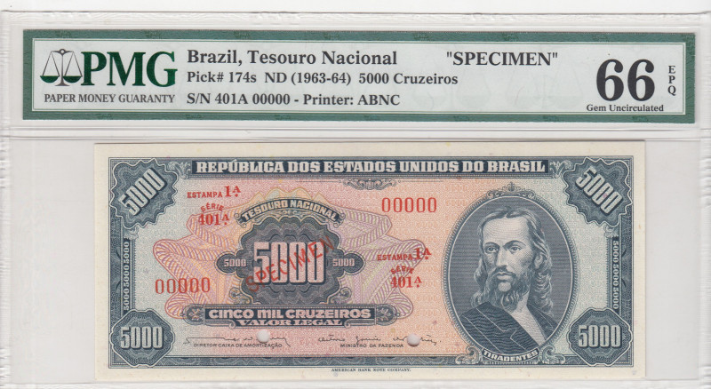 Brazil, 5.000 Cruzeiros, 1963/1964, UNC, p174s, SPECIMEN
PMG 66 EPQ
Estimate: ...