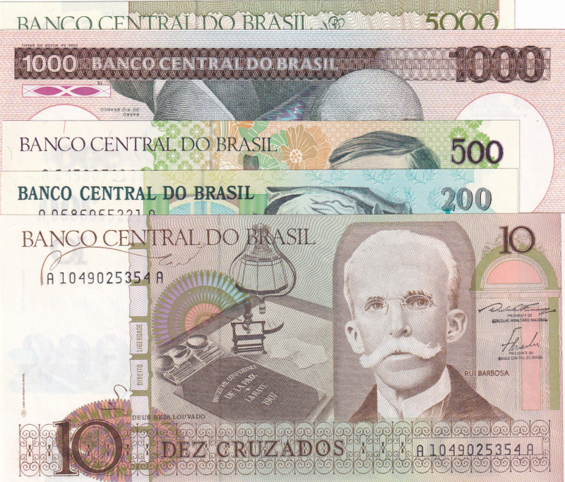 Brazil, 10 Cruzados-200-500-1.000-5.000 Cruzeiros, 1981/1986, UNC, (Total 5 bank...
