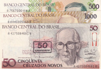 Brazil, 50-500-1.000 Cruzeiros, 1990/1991, UNC, p223; p226b; p231b, (Total 3 banknotes)
Estimate: USD 15-30