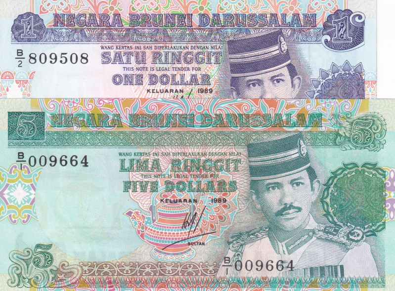 Brunei, 1-5 Ringgit, 1989, UNC, p13; p14, (Total 2 banknotes)
Estimate: USD 20-...