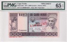 Cape Verde, 1.000 Escudos, 1977, UNC, p56s1, SPECIMEN
PMG 65 EPQ, Banco De Cabo Verde
Estimate: USD 500-1000