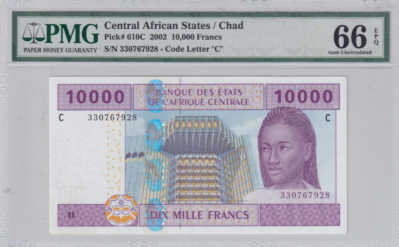 Central African States, 10.000 Francs, 2002, UNC, p610C
PMG 66 EPQ, "C'' Chad
...