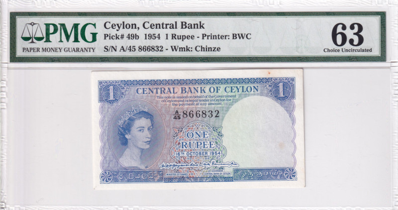 Ceylon, 1 Rupee, 1954, UNC, p49b
PMG 63, Queen Elizabeth II. Potrait
Estimate:...