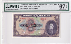 Colombia, 10 Pesos Oro, 1949, UNC, p389ds, SPECIMEN
PMG 67 EPQ
Estimate: USD 300-600