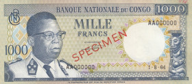 Congo Democratic Republic, 1.000 Francs, 1964, UNC(-), p8a, SPECIMEN
There is a pencil writing mark on the obverse.
Estimate: USD 50-100