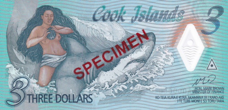 Cook Islands, 3 Dollars, 2021, UNC, pNew, SPECIMEN
Polymer plastics banknote
E...