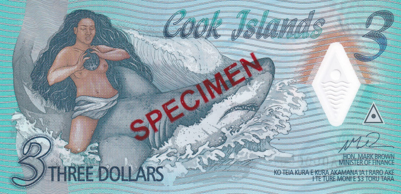 Cook Islands, 3 Dollars, 2021, UNC, pNew, SPECIMEN
Polymer plastics banknote
E...