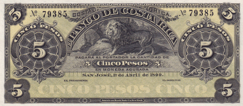 Costa Rica, 5 Pesos, 1899, UNC, pS163r, REMAINDER
Estimate: USD 30-60