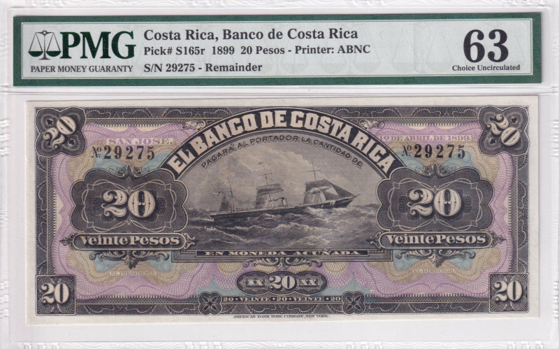 Costa Rica, 20 Pesos, 1899, UNC, pS165r, REMAINDER
PMG 63
Estimate: USD 100-20...