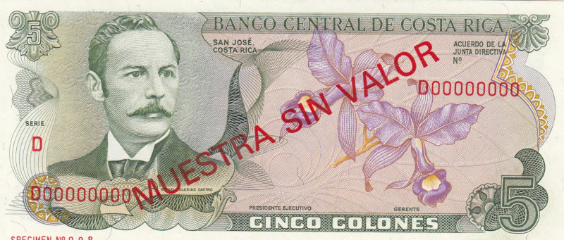 Costa Rica, 5 Colones, 1968/1992, UNC, p236s, SPECIMEN
Estimate: USD 20-40