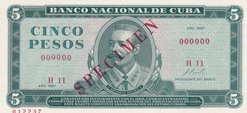 Cuba, 5 Pesos, 1967, UNC, p103s, SPECIMEN
Estimate: USD 15-30