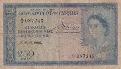 Cyprus, 250 Mils, 1955, POOR, p33a
Queen Elizabeth II. Potrait, There are large tears, openings, stains
Estimate: USD 60-120