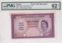 Cyprus, 1 Pound, 1955/1957, UNC, p35cts, SPECIMEN
PMG 62 NET, Color Experiment
Estimate: USD 1000-2000