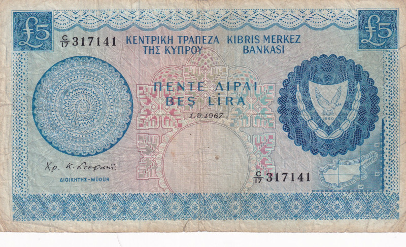 Cyprus, 5 Pounds, 1967, VF, p44a
There are cracks, rips and stains
Estimate: U...