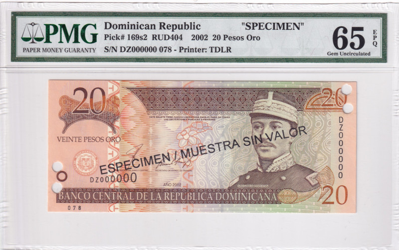 Dominican Republic, 20 Pesos, 2002, UNC, p169s2, SPECIMEN
PMG 65 EPQ, Banco Cen...