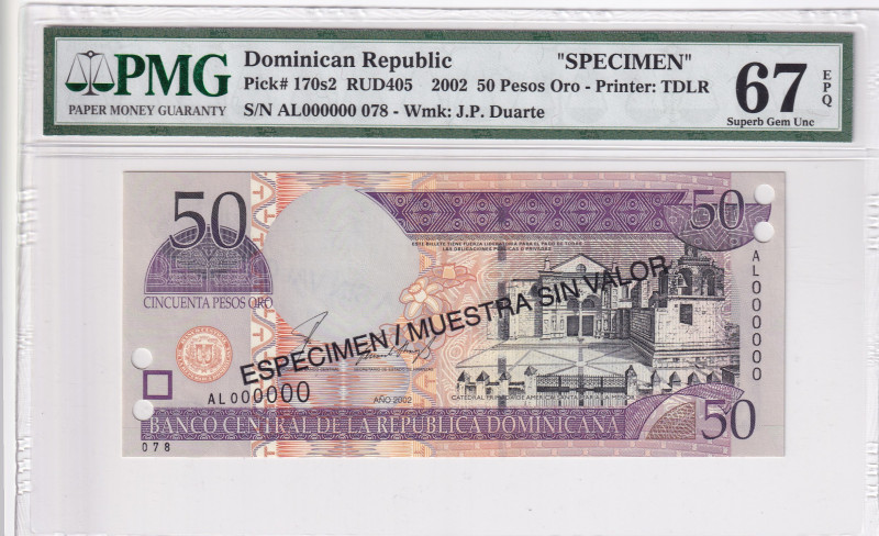 Dominican Republic, 50 Pesos, 2002, UNC, p170s2, SPECIMEN
PMG 67 EPQ, Banco Cen...