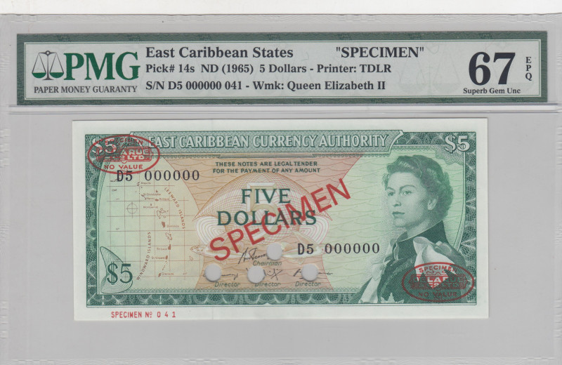 East Caribbean States, 5 Dollars, 1965, UNC, p14s, SPECIMEN
PMG 67 EPQ, High co...