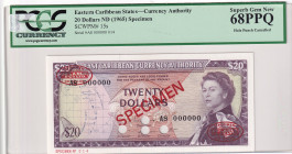 East Caribbean States, 20 Dollars, 1965, UNC, p15s, SPECIMEN
PCGS 68 PPQ, High Condition
Estimate: USD 500-1000