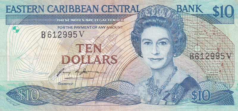 East Caribbean States, 10 Dollars, 1985, XF(-), p23v1
Queen Elizabeth II. Potra...