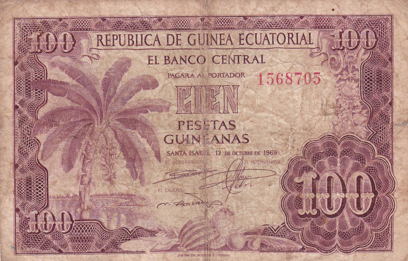 Equatorial Guinea, 100 Pesetas Guineanas, 1969, VF(-), p1
There are openings.
...