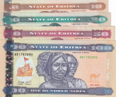 Eritrea, 10-20-50-100 Nakfa, 2004/2012, p7; p8; p11; p12, (Total 4 banknotes)
10-20-100 Nakfa, UNC; 50 Nakfa, XF(-)
Estimate: USD 50-100